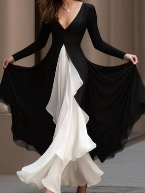 Women's Spring & Fall Elegant French Style Long Sleeve V-Neck Dress. Size Large.